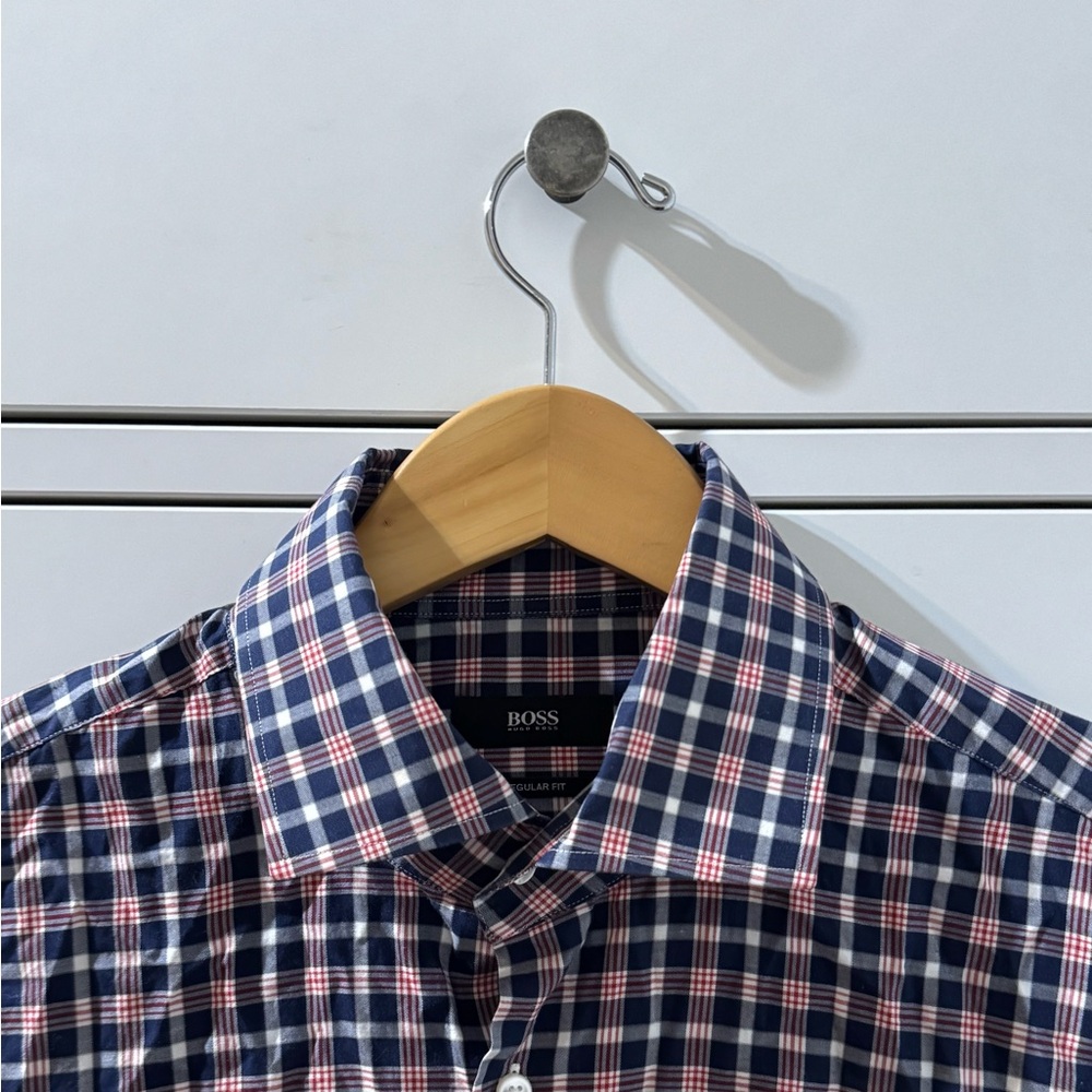 BOSS Men's Blue and Red Checkered Shirt